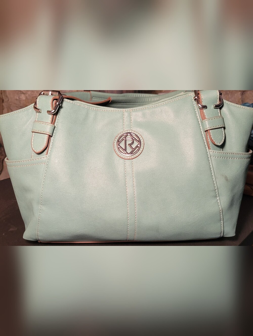 Relic Mint Green Faux Leather Tote Shoulder Bag Silver Logo Charm Large Handbag